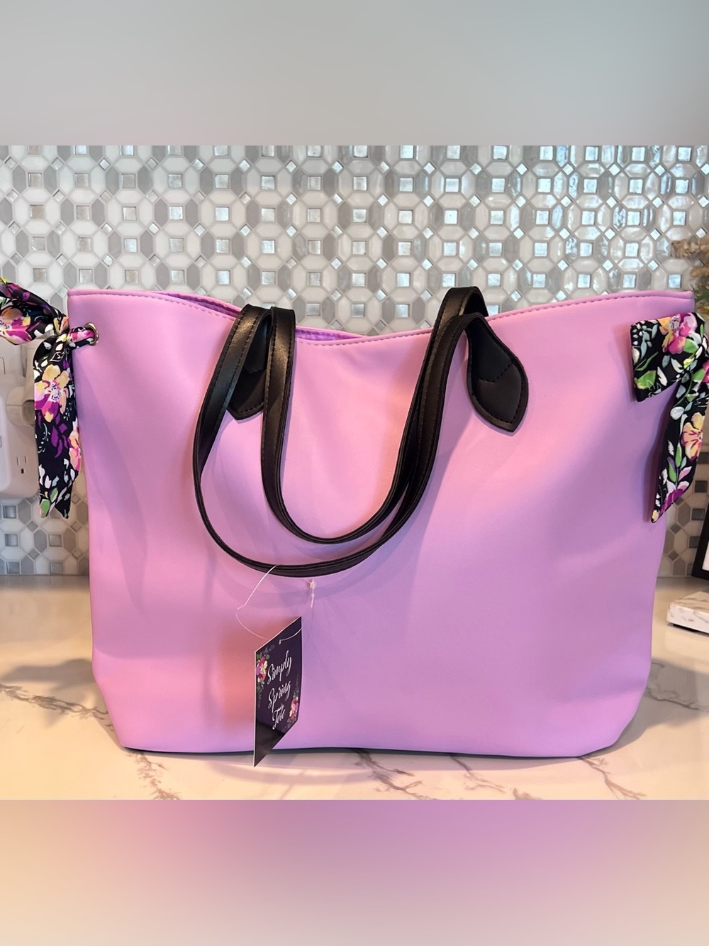 Beauty Simply Spring X-Large Violet Purple Black Accents Tote Bag Floral Bow